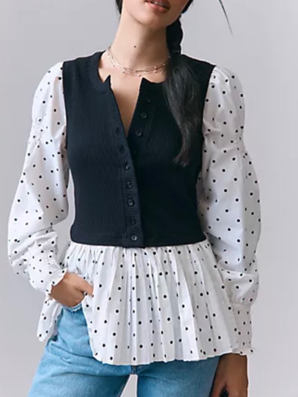 Black & White Polka Dot Button Front Blouse | Sheer Sleeves Peplum Top